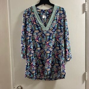 Liz Claiborne Navy Paisley V-Neck Tunic with Mint Trim